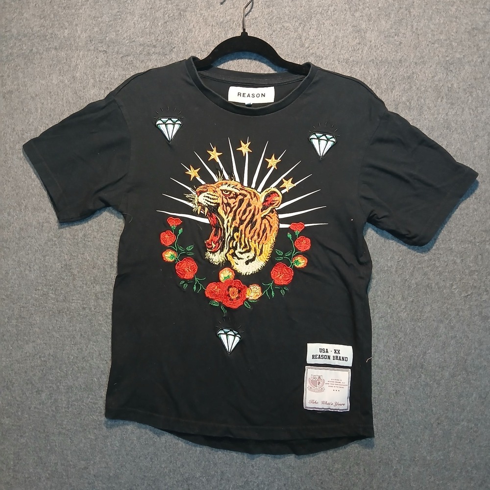 Reason Men's Black Tiger Embroidered Graphic Crew Neck T-Shirt Size S